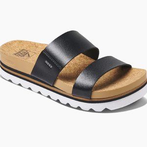 EUC Reef Cushion Vista Hi Platform Lugsole Sandal, Black and Cork, Size 10